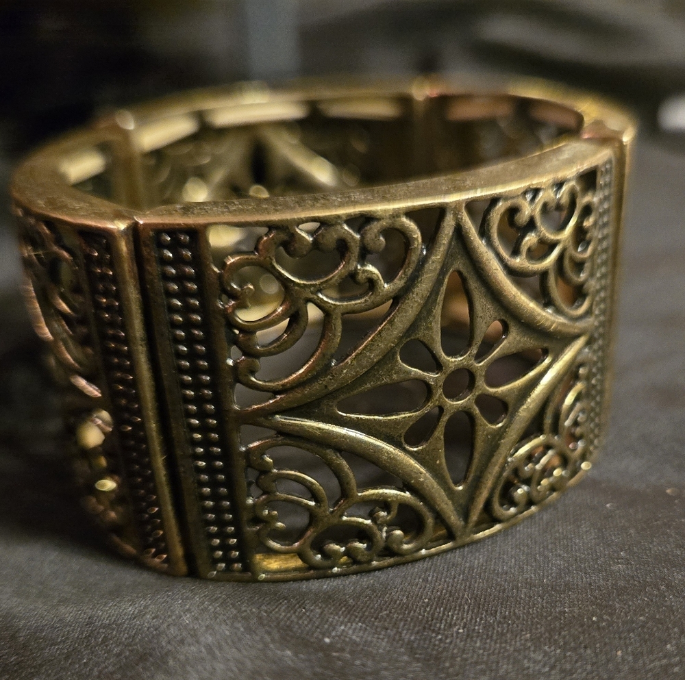 Vintage Gothic Filigree Cuff Bracelet | Antique Gold Tone Ornate Statement